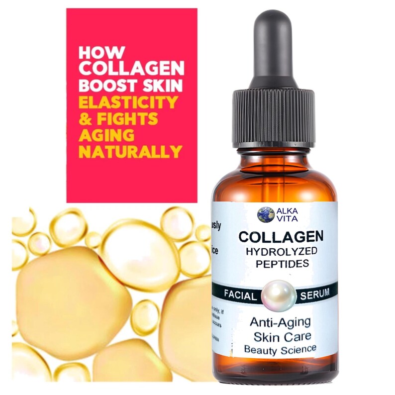 Puede incluir: Un frasco de vidrio &aacute;mbar de suero facial Alka Vita Collagen Hydrolyzed Peptides con tapa de gotero negra. La etiqueta muestra un gr&aacute;fico de perla y texto. Un recuadro rojo muestra: HOW COLLAGEN BOOST SKIN ELASTICITY & FIGHTS AGING NATURALLY.