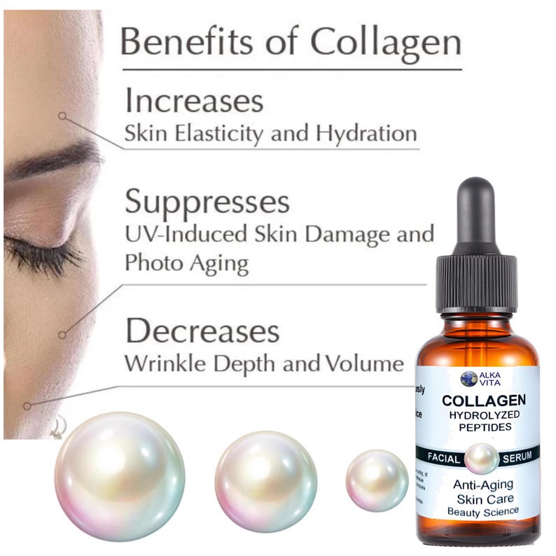 Puede incluir: Un frasco de vidrio &aacute;mbar de suero facial Alka Vita Collagen Hydrolyzed Peptides con tapa de gotero negra. La etiqueta enumera beneficios como mayor elasticidad cut&aacute;nea, supresi&oacute;n de da&ntilde;o por rayos UV y reducci&oacute;n de arrugas.
