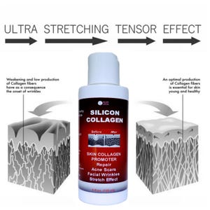 May include: A white bottle of Silicon Collagen skin promoter with a red label. The label features the text Ultra Stretching Tensor Effect, Silicon Collagen, and lists benefits like repair, acne scars, and facial wrinkles. It includes 4 fl oz (120 ml).