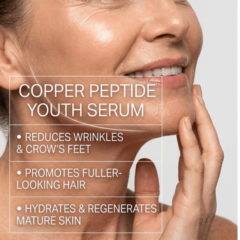 Peut inclure: Une &eacute;tiquette de produit de soin intitul&eacute;e COPPER PEPTIDE YOUTH SERUM. Le texte liste les b&eacute;n&eacute;fices : REDUCES WRINKLES & CROW'S FEET, PROMOTES FULLER-LOOKING HAIR, et HYDRATES & REGENERATES MATURE SKIN. L'&eacute;tiquette est superpos&eacute;e sur un menton et m&acirc;choire.