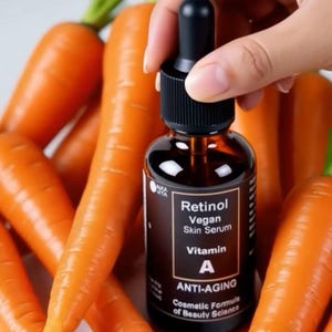 K&ouml;nnte beinhalten: Eine dunkelbraune Glasflasche mit Pipette f&uuml;r Retinol Vegan Skin Serum mit schwarzem Verschluss. Das Etikett tr&auml;gt den Text Retinol Vegan Skin Serum, Vitamin A, ANTI-AGING und Cosmetic Formula of Beauty Science. Frische orangefarbene Karotten.