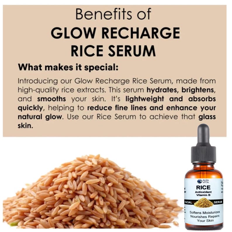 May include: A brown glass dropper bottle of Glow Recharge Rice Serum next to a pile of brown rice. The text reads: Benefits of GLOW RECHARGE RICE SERUM. What makes it special: Introducing our Glow Recharge Rice Serum, made from high-quality rice extracts.