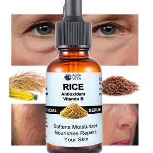 May include: An amber glass bottle of Alka Vita Rice Antioxidant Vitamin B facial serum with a black dropper cap. The white label features the text Rice Antioxidant Vitamin B Facial Serum, Softens Moisturizes Nourishes Repairs Your Skin.
