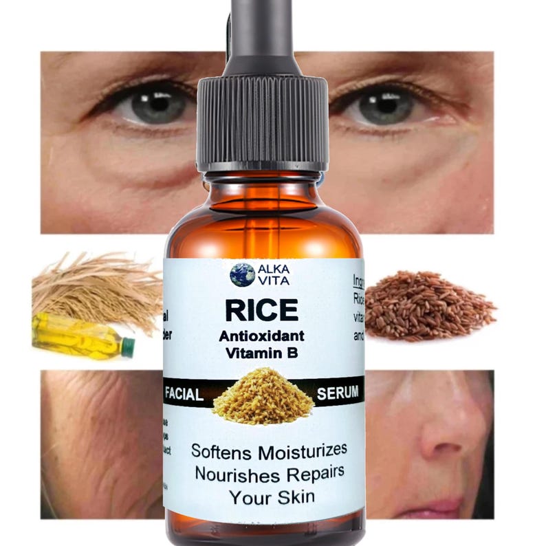 May include: An amber glass bottle of Alka Vita Rice Antioxidant Vitamin B facial serum with a black dropper cap. The white label features the text Rice Antioxidant Vitamin B Facial Serum, Softens Moisturizes Nourishes Repairs Your Skin.