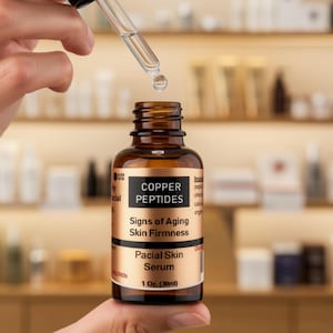 Peut inclure: Un flacon en verre ambr&eacute; de s&eacute;rum pour le visage avec un compte-gouttes. L'&eacute;tiquette indique Copper Peptides, Signs of Aging, Skin Firmness, Facial Skin Serum et 1 Oz. (30ml). Une goutte de liquide clair est suspendue au compte-gouttes.