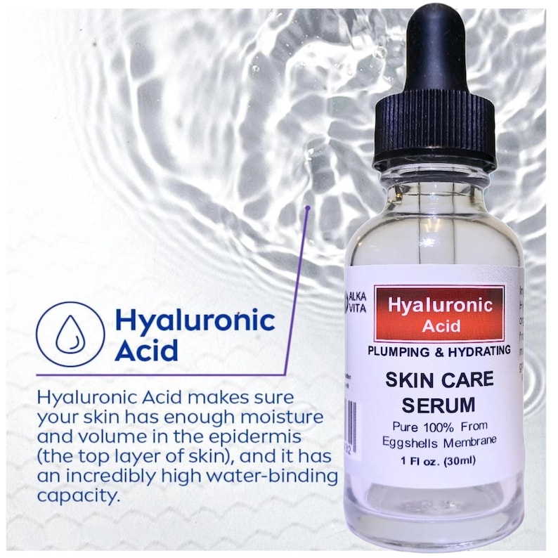 May include: A clear glass bottle of Hyaluronic Acid skin care serum with a black dropper cap. The label reads Hyaluronic Acid, Plumping & Hydrating, Skin Care Serum, Pure 100% From Eggshells Membrane, and 1 Fl oz. (30ml) against a water background.