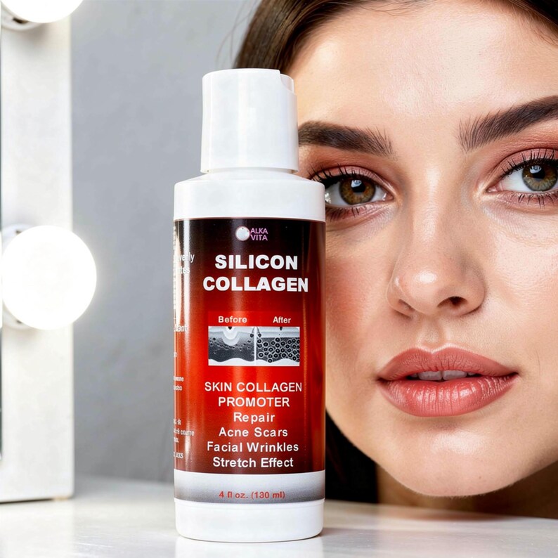 May include: A white plastic bottle of Alka Vita Silicon Collagen skin collagen promoter with a red and white label. The label features the text Silicon Collagen, Skin Collagen Promoter, Repair, Acne Scars, Facial Wrinkles, Stretch Effect, and 4 fl oz.
