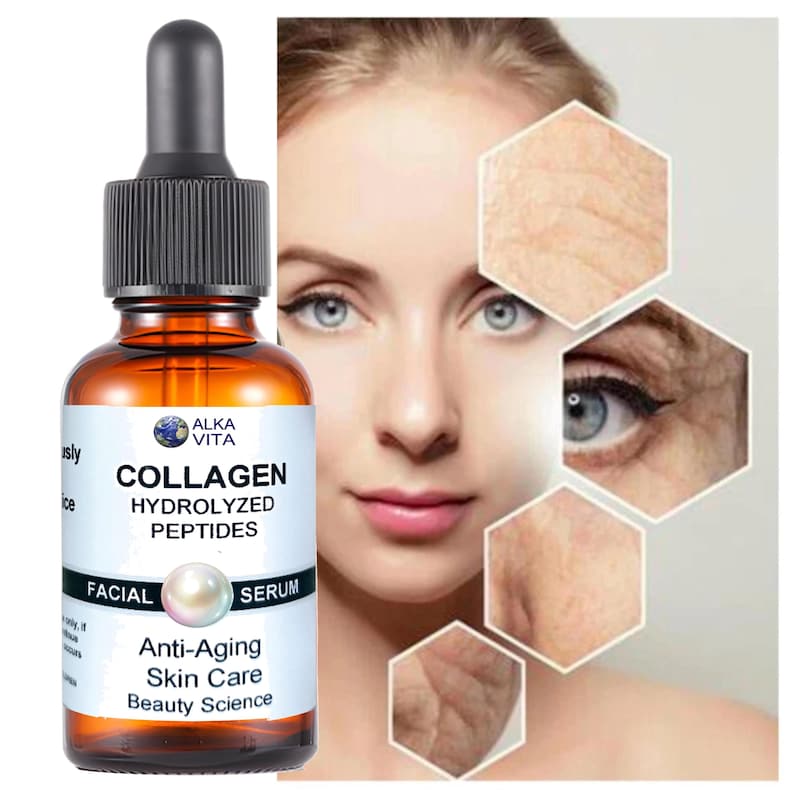 Puede incluir: Un frasco de vidrio &aacute;mbar de suero facial Alka Vita Collagen Hydrolyzed Peptides con tapa de gotero negra. La etiqueta blanca presenta un gr&aacute;fico de perla y texto que incluye Anti-Aging Skin Care y Beauty Science.