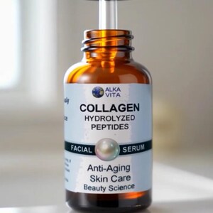 Puede incluir: Un frasco de vidrio &aacute;mbar de suero facial Alka Vita Collagen Hydrolyzed Peptides con tapa de gotero negra. La etiqueta blanca muestra el nombre de la marca, el producto, un gr&aacute;fico de perla y el texto Anti-Aging Skin Care Beauty Science.