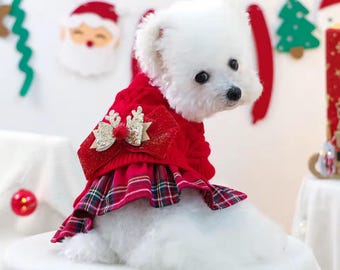 Puede incluir: Un perro blanco pequeño con un atuendo rojo con temática navideña. El atuendo incluye un suéter rojo con un lazo dorado y una falda a cuadros. El perro está sentado sobre una superficie blanca, con decoraciones navideñas en el fondo.