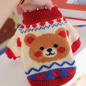 Teddy Bear Dog Sweater XS–XL | Cute Red Heart Knit Pet Clothes | Warm Winter Puppy Outfit for Small Medium Dogs | Cat Sweater Gift