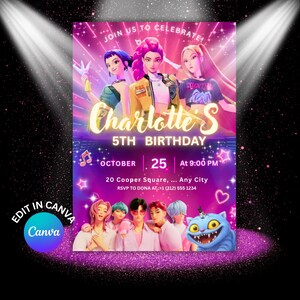 Kpop Demon Hunters Editable Birthday Invitation, Anime Birthday Invite, Saja Boys, Canva Template, huntrix birthday party decor for fun image 3