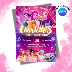 Kpop Demon Hunters Editable Birthday Invitation, Anime Birthday Invite, Saja Boys, Canva Template, huntrix birthday party decor for fun image 4