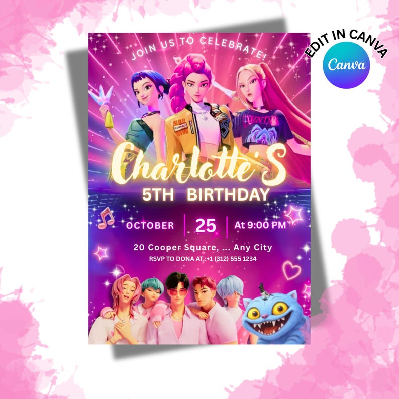 Kpop Demon Hunters Editable Birthday Invitation, Anime Birthday Invite, Saja Boys, Canva Template, huntrix birthday party decor for fun image 4