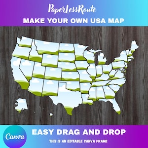 Könnte beinhalten: Eine digitale Illustration einer USA-Karte, bei der jeder Staat schwarz umrandet ist. Die Karte ist mit einem Himmel- und Landschaftsdesign gefüllt. Der Text "PaperLessRoute" und "MAKE YOUR OWN USA MAP" stehen oben. Der Text unten lautet "EASY DRAG AND DROP" und "THIS IS AN EDITABLE CANVA FRAME."