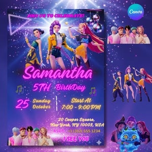 May include: A digital invitation for Samantha's 5th birthday, featuring animated characters in vibrant outfits. The invitation includes the text "Join Us To Celebrate!" and event details: October 25th, 7:00-9:00 PM, at 20 Cooper Square, New York.