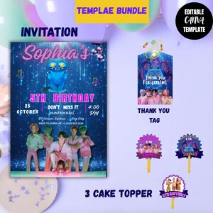 May include: A bundle of party supplies includes a birthday invitation, thank you tag, and three cake toppers. The invitation features a blue cat illustration and the text "Sophia's 5th Birthday." The tag says "Thank You For Coming."