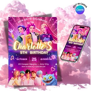 Kpop Demon Hunters Editable Birthday Invitation, Anime Birthday Invite, Saja Boys, Canva Template, huntrix birthday party decor for fun image 5