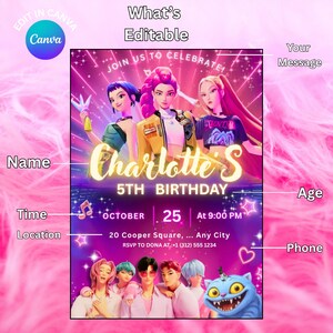Kpop Demon Hunters Editable Birthday Invitation, Anime Birthday Invite, Saja Boys, Canva Template, huntrix birthday party decor for fun image 6