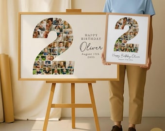 2. Geburtstag-Foto-Collage | Personalisierte Nummer 2 bearbeitbare Canva-Vorlage | Second Birthday Milestone Poster & Willkommensschild
