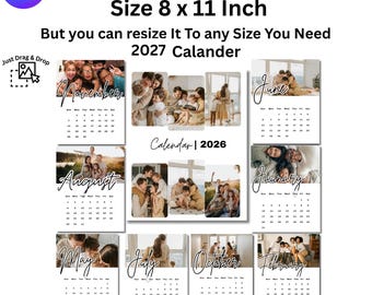 2027 Photo Calendar Template, Monthly Editable Custom Photo Wall Calendar, Canva, new year family gift, 2027 Photo Calendar with each month