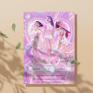 May include: A birthday party invitation with a pink and purple background. Three animated figures stand in front of a heart-shaped design. The invitation reads "Sophia's is turning 5" with the date, time, and location details.