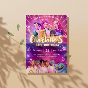 May include: A vibrant invitation for Charlotte's 5th birthday, featuring a group of animated characters. The design is predominantly purple with accents of pink and yellow. The text includes the date, time, and RSVP information.