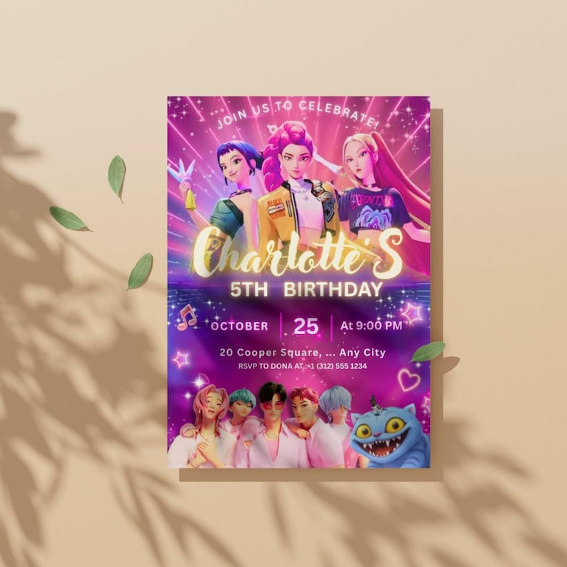 May include: A vibrant invitation for Charlotte's 5th birthday, featuring a group of animated characters. The design is predominantly purple with accents of pink and yellow. The text includes the date, time, and RSVP information.