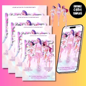 May include: A birthday party invitation template with a pink and white design. The invitation features illustrations of animated characters and includes event details such as date, time, and location. The text "Sophia is Turning 5" is prominently displayed.