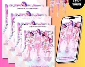 Invitación de cumpleaños de Cazadores de Demonios del K-pop - Plantilla editable de Canva del K-pop - Huntrix White - Invitación imprimible para fiesta de cumpleaños, invitación de anime
