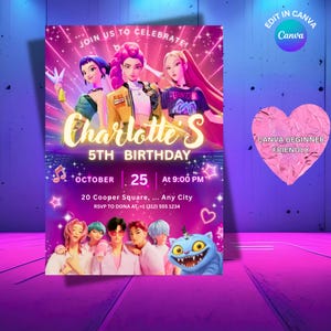 Kpop Demon Hunters Editable Birthday Invitation, Anime Birthday Invite, Saja Boys, Canva Template, huntrix birthday party decor for fun image 8
