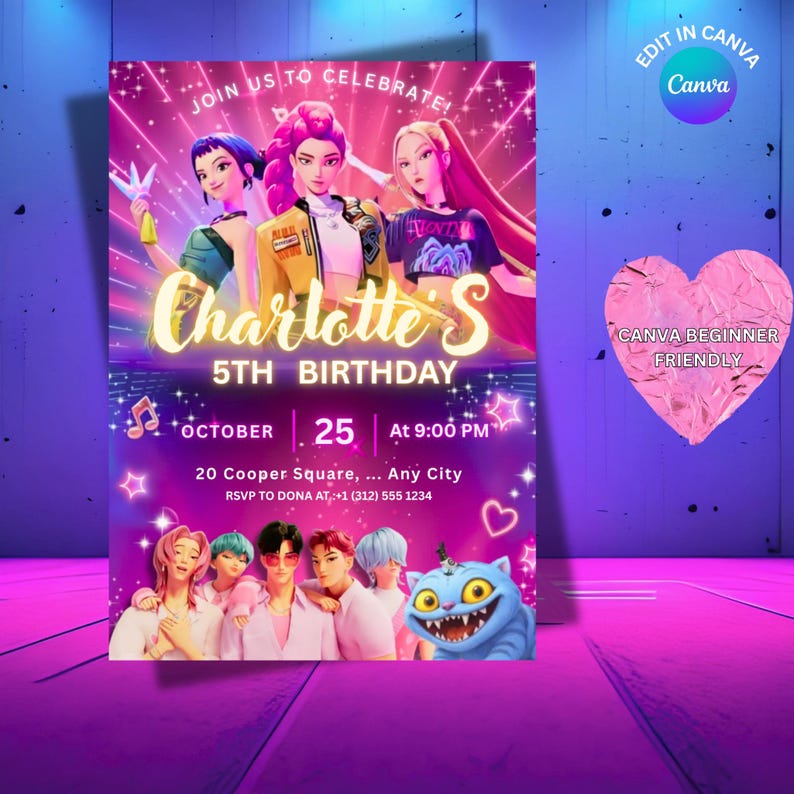 Kpop Demon Hunters Editable Birthday Invitation, Anime Birthday Invite, Saja Boys, Canva Template, huntrix birthday party decor for fun image 8