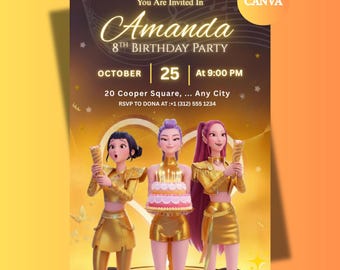 Invitación de cumpleaños de Cazadores de Demonios Kpop, plantilla editable de Canva de anime, invitación imprimible de Cazadora de Demonios, tarjeta de invitación de Guerreros K-Pop.
