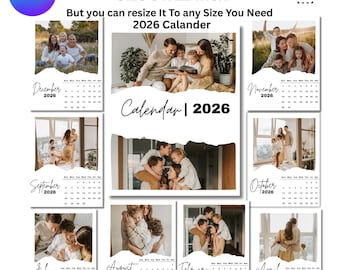 2026 Photo Calendar Template, Monthly Editable Custom Photo Wall Calendar, Canva, new year family gift, 2026 Photo Calendar with each month