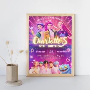 May include: A framed birthday party invitation with a vibrant design. The invitation features illustrations of people and the text "Charlotte's 5th Birthday" with the date, time, and location. The color scheme includes pink, purple, and blue.