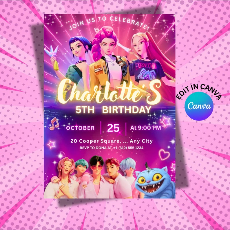 Kpop Demon Hunters Editable Birthday Invitation, Anime Birthday Invite, Saja Boys, Canva Template, huntrix birthday party decor for fun image 1
