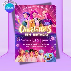 Kpop Demon Hunters Editable Birthday Invitation, Anime Birthday Invite, Saja Boys, Canva Template, huntrix birthday party decor for fun image 2