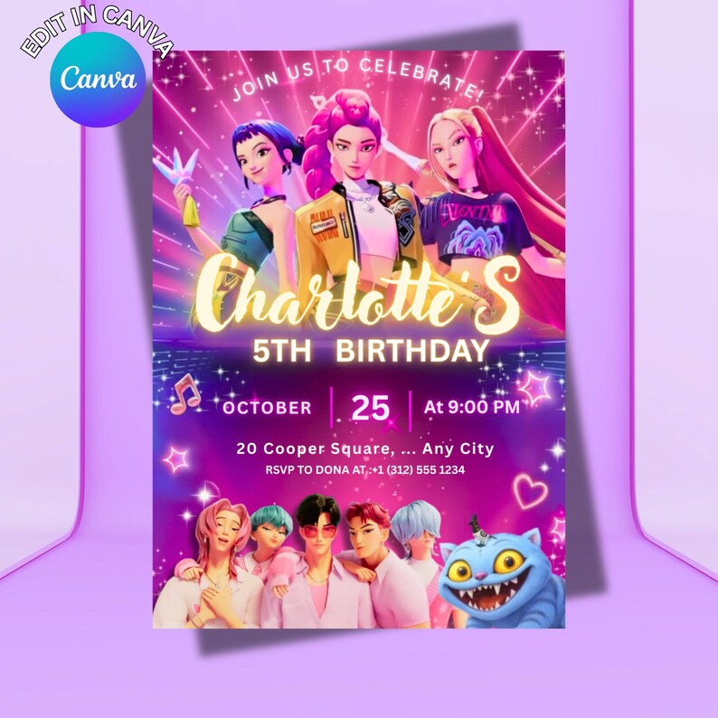 Kpop Demon Hunters Editable Birthday Invitation, Anime Birthday Invite, Saja Boys, Canva Template, huntrix birthday party decor for fun image 2