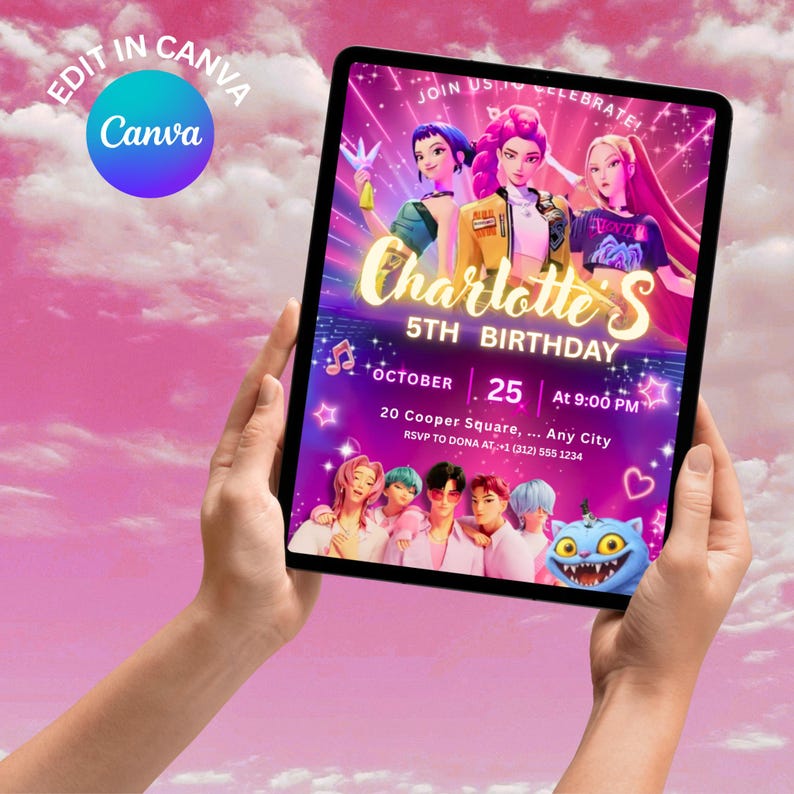 Kpop Demon Hunters Editable Birthday Invitation, Anime Birthday Invite, Saja Boys, Canva Template, huntrix birthday party decor for fun image 9