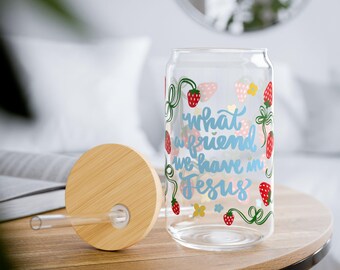 Gift for Christian coffee lovers - What a friend we have in Jesus glass sipper with lid and straw