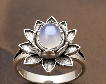 925 Sterling Silver Lotus Flower Moonstone Ring for Woman, June Birthstone Ring, Boho Jewelry Gift, Spiritual & Healing Statement Ring
