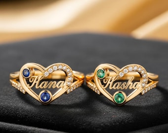 Anel personalizado com nome e pedra de nascimento em formato de coração, presente para o Dia das Mães, anel de ouro personalizado para a mãe.