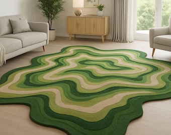 Green Irregular Shape Rug Hand Tufted Wool Area Rug for Living Room, Modern Abstract Wavy Carpet, Large Rug, Unique High Quality Home Decor