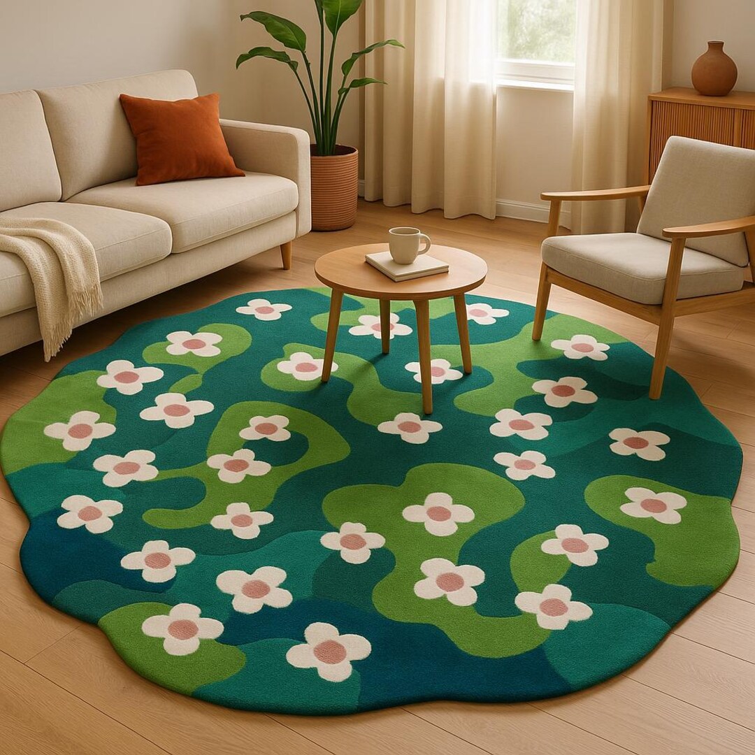 Hand Tufted Wool Area Rug Modern Green Floral Round Carpet for Living ...