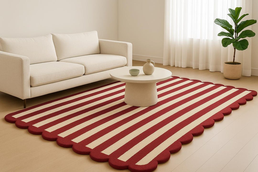 Red and Cream Striped Scalloped Edge Rug – Hand Tufted Wool Area Rug ...