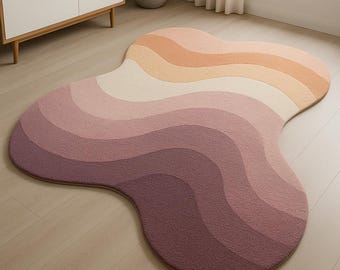 Golvend abstract vloerkleed, golvend vloerkleed met onregelmatige vorm, esthetisch retro vloerkleed voor woonkamer, bohogolf vloerkleed slaapkamer