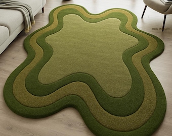 Green Irregular Organic Shape Hand Tufted Wool Rug For Living Room, Modern Abstract Handmade 6x9 9x12 Bedroom Carpet, Custom Dining Area Rug