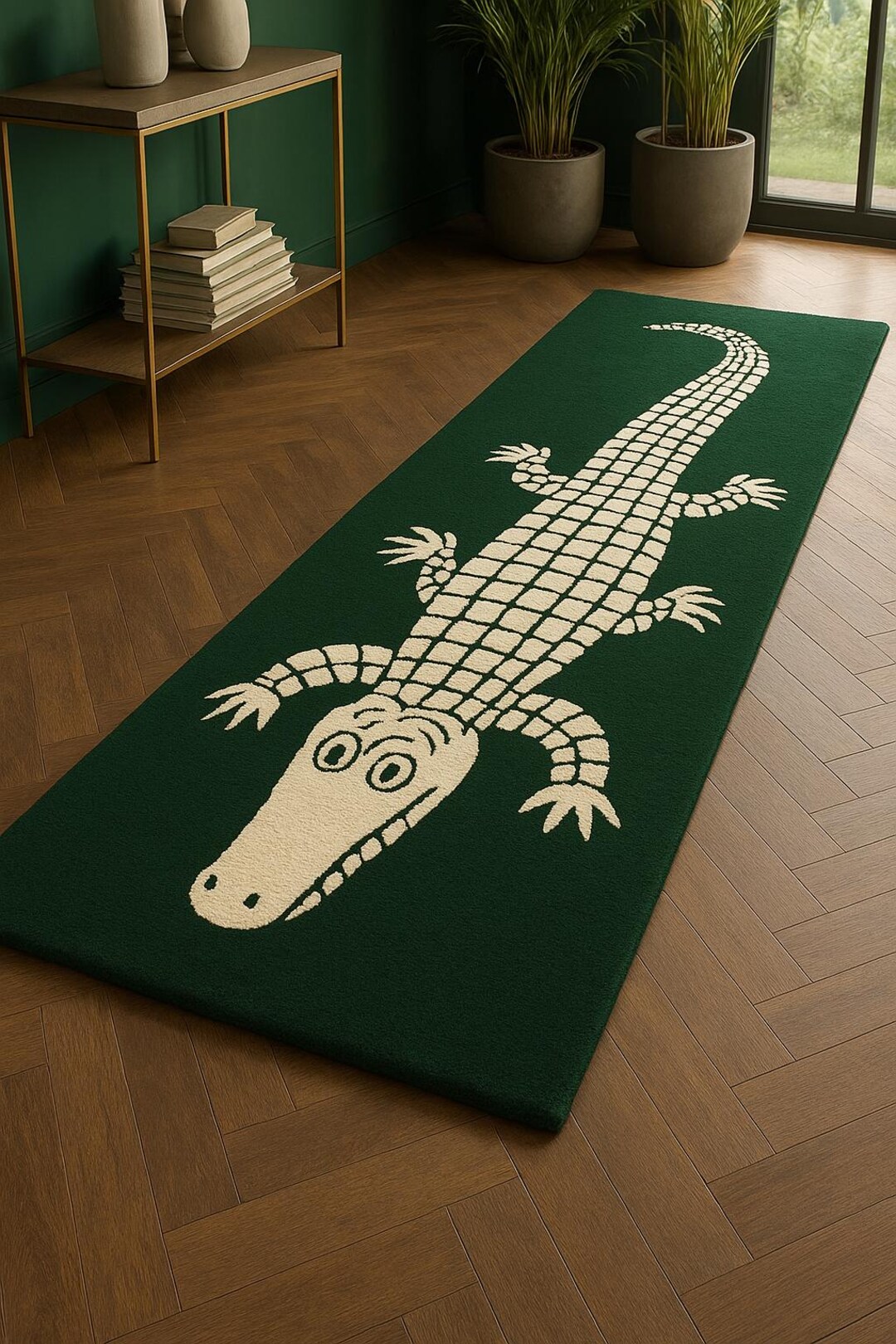 Hand Tufted Alligator Runner Rug Green Wool Crocodile Design Modern ...