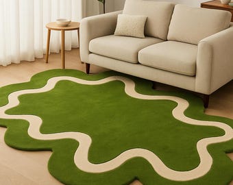 Modern Green Wavy Abstract Area Rug – Hand Tufted Wool Carpet, Irregular Organic Shape Rug for Living Room, Contemporary Home Decor