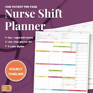 May include: A Nurse Shift Planner document featuring a white paper template with organized sections for patient data, medical history, labs, vitals, and an hourly timeline. The layout includes color-coded headers for clinical tracking.
